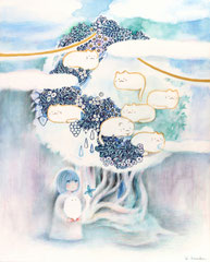 「ねこの木」　2022年　273×220㎜　紙に水彩、鉛筆、色鉛筆、ペン、雲母