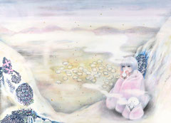 「かわいいの群れ」　2022年　242×333㎜　紙に水彩、鉛筆、色鉛筆、ペン、雲母