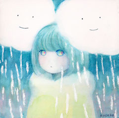 「いつも雨」　2023年　180×180㎜　パネル、アクリル、鉛筆、色鉛筆、水彩