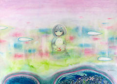 「うっすらいるような」　2022年　242×333㎜　パネル、紙、水彩、鉛筆、色鉛筆、ペン、雲母