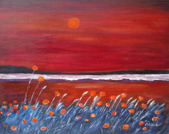 Poppy field with beach, Acrylic on canvas, 40 x 50