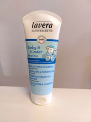 Fronte confezione lozione detergente e shampoo Lavera