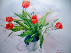 Rote u. weiße Tulpen in Vase, Buntstift mit Acryl auf Papier 100x70              빨간 하양 튤립, 종이에 색연필과 아크릴 100x70