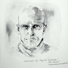 Portrait von Philosoph Michel Foucault in Tusche, Tuschezeichnung im Original von Cecily Park 