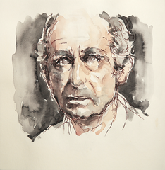 Portrait von Schriftsteller Philipp Roth in Tusche, Tuschezeichnung im Original von Cecily Park 