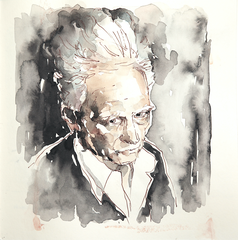 Portrait von Philosoph Jacques Derrida in Tusche, Originalzeichnung in Tusche von Cecily Park 
