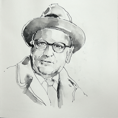 Portrait von Schriftsteller Max Hrokheimer in Tusche, Tuschezeichnung im Original von Cecily Park 