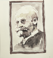 Portraitvon Soziologe Emil Dukheim in Tusche, Tuschezeichnung im Original von Cecily Park 