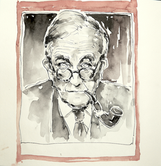 Portrait von Theologe Karl Barth in Tusche, Original Tuschezeichnung von Cecily Park 