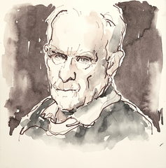 Portrait von Philosoph Alain Badiu in Tusche, Tuschezeichnung im Original von Cecily Park 