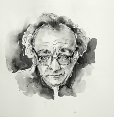 Portrait von Pianist Alfred Brendel in Tusche, Tuschezeichnung im Original von Cecily Park 