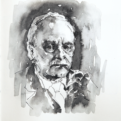 Portrait von Evangelischen Theologe Rudolf Bultmann in Tusche, Tuschezeichnung im Original von Cecily Park 