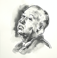 Portrait von Regisseur Alfred Hitchcock in Tusche, Tuschezeichnung im Original von Cecily Park 