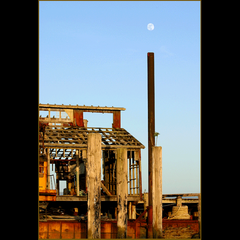 TWILIGHT MOON (Moon over the stack at an abandoned cannery in Astoria, Oregon)