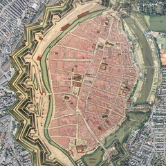 Georeferenciação: Seutter 1750 e fotografia aérea atual do centro histórico de Lübeck.