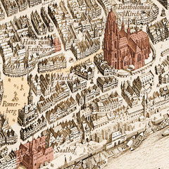 Merian 1770: Vista aérea de Fráncfort del Meno - despues de la restauración