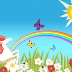 Dessin d'illustration d'un paysage enfantin avec papillons, fleurs et arc-en-ciel, base de création pour l'art funéraire.