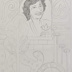 Un dessin au crayon  sur toile représentant le croquis préparatoire  pour la mosaïque.