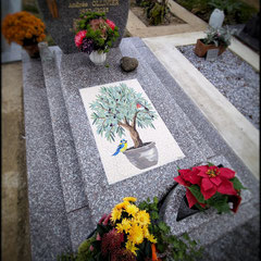 Mosaïque funéraire représentant un olivier posée sur une pierre tombale en granit  tarn gris.