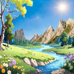 Illustration numérique d'un paysage de montagne verdoyant avec une rivière, des fleurs sauvages et un soleil brillant.