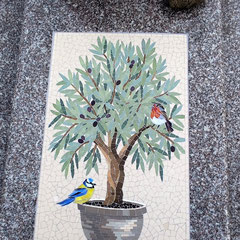 Mosaïque artisanale  représentant un olivier dans un pot avec un rouge-gorge et une mésange bleue., 