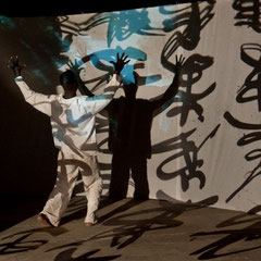 Passengers  -  peinture rétro projetée/son/vidéos /installation de Caroline delannoy - Danse improvisée de Gahé Bama - Mise en lumière Sami Benhaouachi