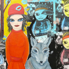 Kerstin Lichtblau, Rotkäppchen, der Wolf und Freundin, 100 x 140 cm, Öl, Acryl und Siebdruck auf Leinwand, ABC Westside Galerie