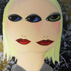 Kerstin Lichtblau, Dreiaugen, 70 x 50 cm, Öl und Siebdruck auf Leinwand, ABC Westside Galerie