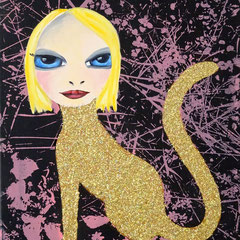 Kerstin Lichtblau, Golden Cat,  50 x 40 cm, Öl und Siebdruck auf Leinwand, ABC Westside Galerie