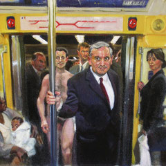 Nicolas Curmer, Sarko dans le metro 48 x 54, Öl auf Holz, ABC Westside Galerie 