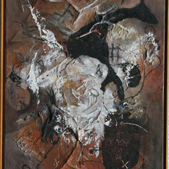 Titel Nr.3: Spring ins Feld Entstehungsjahr: 2000 Breite: 60 cm, Höhe: 100 cm Pigment, Sand, Kunstharz, Baumwollvlies auf Leinen