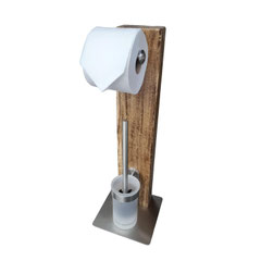 Altholz WC Rollenhalter mit Edelstahlsockel und Glas Bürstengarnitur