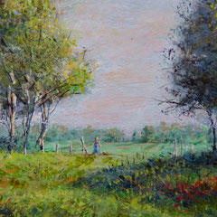 Romantisch landschap met berken, detail