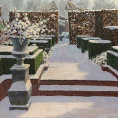 Vaas in tuin, winter, o/a/p, 70x57cm