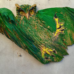 Eule, Eiche, Ölfarbe, 40 x 70 cm, 2018, Privatbesitz