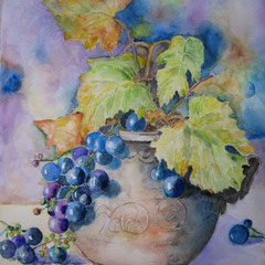 375 Weintraube mit Blättern in Vase - Aquarell, 31x23cm (01.2024) - [nach Larisa Sasonova] - verkauft