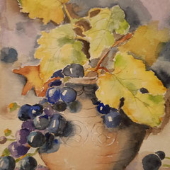 377 Weintraube mit Blättern in Vase - Aquarell, 15x10cm (02.2024) - [nach Larisa Sasonova] - verkauft