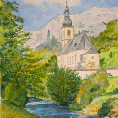 369 Pfarrkirche St. Sebastian, Ramsau - Aquarell, 30x20cm (11.2023) - nach Foto (Auftrag, verkauft)