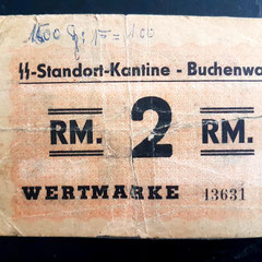 Dit biljet van 2 RM is een Wertmarke (waardebon) afkomstig van de SS-Standort-Kantine in concentratiekamp Buchenwald