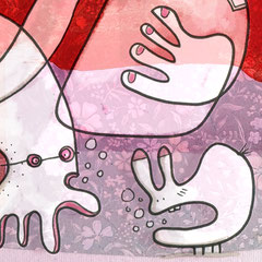 Detail – Sechs Freunde in Rot, Zeichnung auf Papier mit Tusche und digitaler Kolorierung