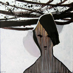 Oussema Troudi en duo avec Ymen Berhouma, Portrait féminin 2, technique mixte sur toile, 50 x 50 cm, 2009.