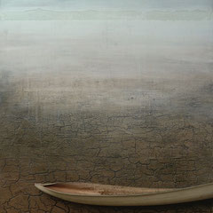 "Hope", Acryl-/Pigmente, Assemblage mit Naturmaterial auf Holzkorpus 110 x 75 cm