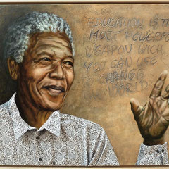 "Nelson Mandela", Acryl-/Ölfarben/Textil auf Leinwand, 70 x 100 cm, Rahmen Lindenholz natur