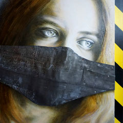 "Vernunft bleischwer", Dyptichon, Acryl-Öl auf Holzkorpus, Maske aus Bleiband, 80 x 60 cm