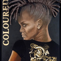 "Tough Lady", Serie "fremd : vertraut", Ölmalerei auf Leinwand, Textiles, applizierte Frisur, 80 x 60 cm, Schattenfugenrahmen schwarz