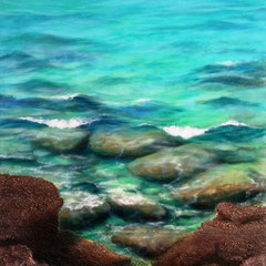 "Stille Stunden am Meer", grobe Spachtelmassen und lasierende Ölmalerei auf Leinwand, 150 x 70 cm