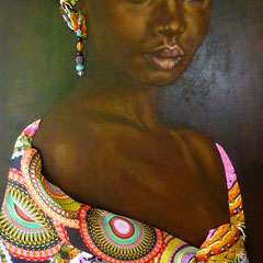 "African Beauty", Assemblage auf MDF-Platte, Ölgemälde mit Stoff und Perlen, 130 x 54 cm, Rahmen schwarzbraun