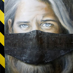 "Vernunft bleischwer", Dyptichon, Acryl-Öl auf Holzkorpus, Maske aus Bleiband, 80 x 60 cm