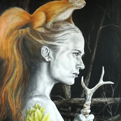"Wächterin des Waldes", Zeichenkohle und Acrylfarbe auf Leinwand, 120 x 80 cm