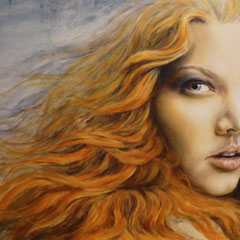 "Windsbraut", Ölfarbe auf Holzkorpus, 65 x 145 cm, Holzrahmen natur